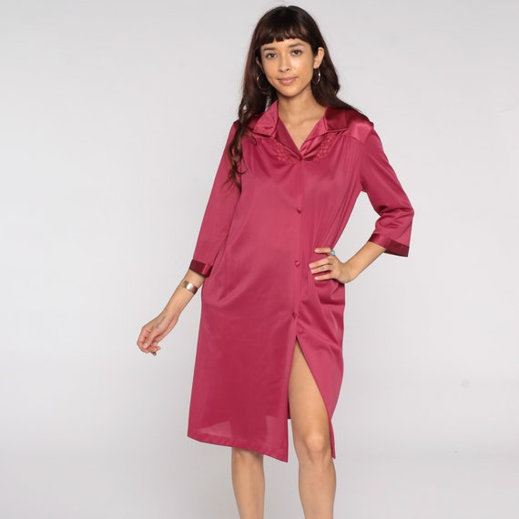 80s Pajama Dress Lingerie Dress Raspberry Red Nightgown Long Sleeve Midi Nylon Nightie Boho Vintage Button Up Robe Dress Large L