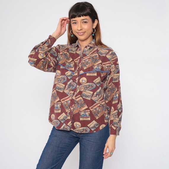 Rodeo Shirt 90s Western Blouse Buffalo Bills Roe Yokums Whiskey Novelty Print Cowboy Top Long Sleeve Button up Dark Red Vintage 1990s Medium