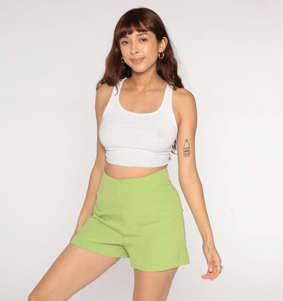 Lime Green Shorts 1990s Vintage High Waisted Tailored Cotton Polyester 90s Minimalism Elevated Basics Chic Medium M