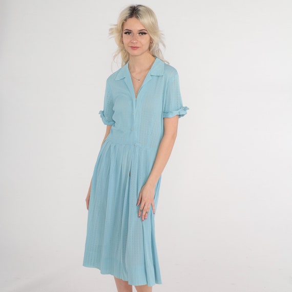 60s Shirtdress Button Up Day Dress Sheer Blue 1960s Midi Dress Mad Men Shirtwaist Pleated Vintage Plain High Waist Collared V Neck Medium