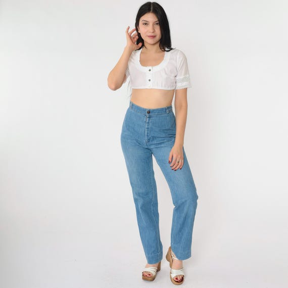 70s Levis Jeans xs Straight Leg Jeans Blue Braided High Waist Hippie Bohemian Jeans 1970s Smooth Back Vintage Boho Extra Small 25
