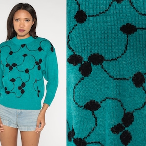 Abstract Print Sweater 80s Teal Green Vine Black Knit Pullover Jumper Acrylic Retro Fall Sweater Vintage 1980s Small S