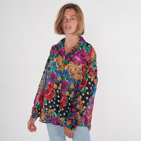 Polka Dot Floral Shirt 90s Button Up Blouse Semi-Sheer Baroque Print Top Long Sleeve Statement Pattern Retro Bohemian 1990s Vintage Medium