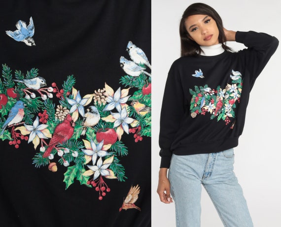 90s Bird Sweatshirt Black Turtleneck Sweatshirt Retro Grandma Sweater Floral Wreath Print Pullover Cute Kawaii Holiday 1990s Vintage Medium Etsy Denmark