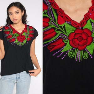 Black Embroidered Blouse Mexican Top Y2K Floral Rose Print Cotton Top Boho Hippie Shirt 00s Bohemian Vintage Tent Shirt Summer Small S image 1