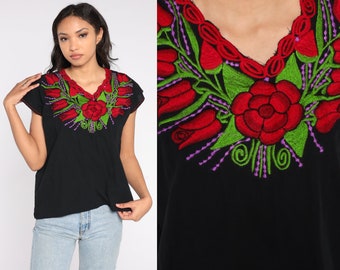 Black Embroidered Blouse Mexican Top Y2K Floral Rose Print Cotton Top Boho Hippie Shirt 00s Bohemian Vintage Tent Shirt Summer Small S