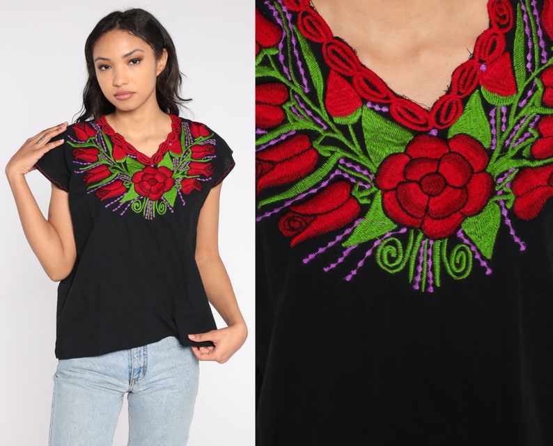 Black Embroidered Blouse Mexican Top Y2K Floral Rose Print Cotton Top Boho Hippie Shirt 00s Bohemian Vintage Tent Shirt Summer Small S image 1