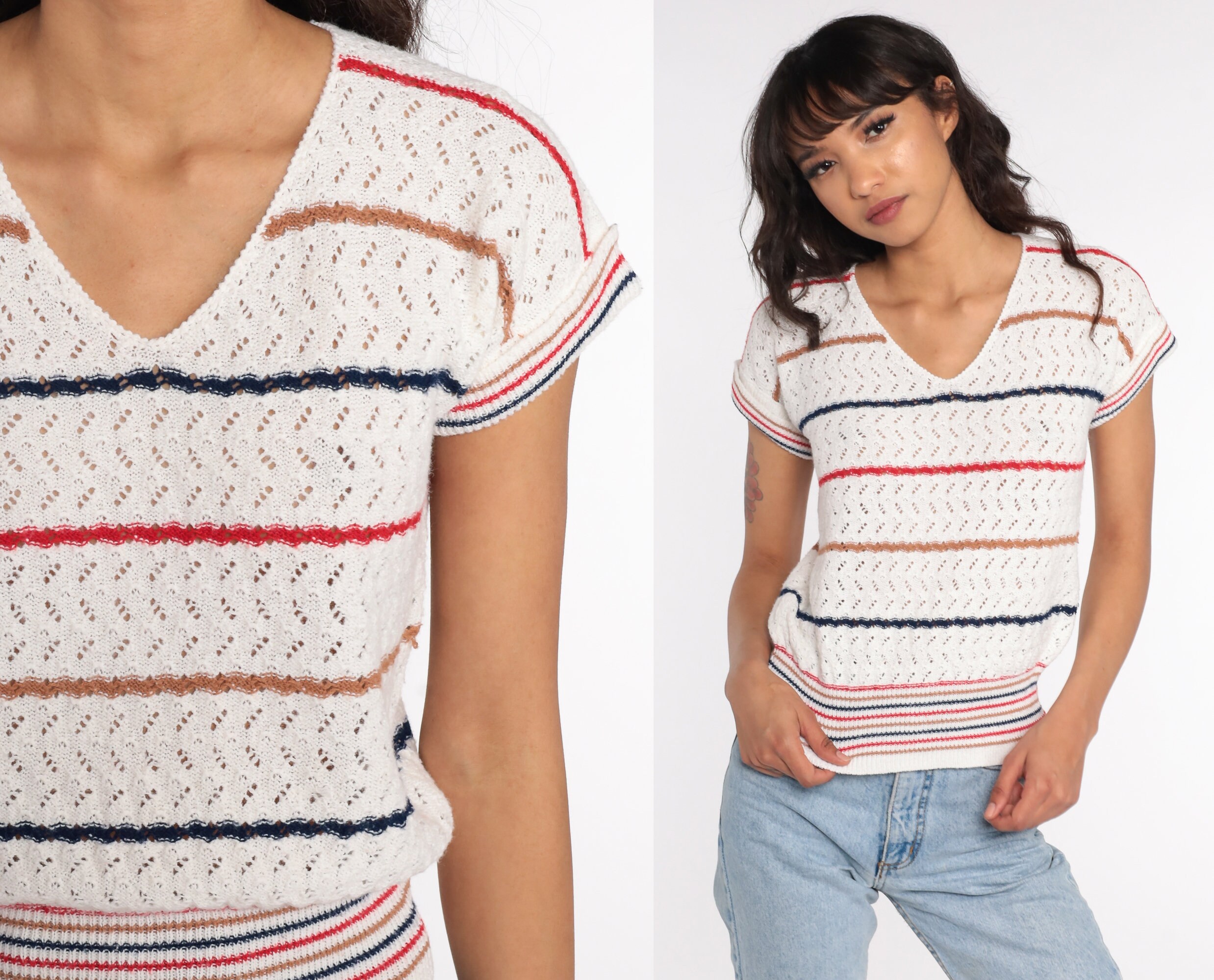 Sheer Sweater Top 80s Striped Knit 