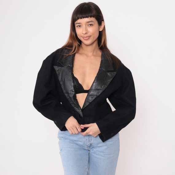 Black Wool Blazer Jacket 80s 90s Leather Collar J… - image 4