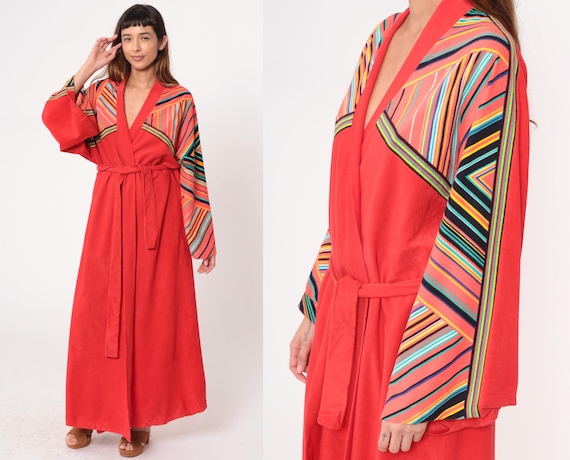 70s Rainbow Striped Robe Red Coral Wrap Tie Belt Sash Vanity Fair Vintage Lounge Wear House Coat Dressing Gown Colorful Bohemian Medium M