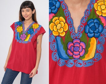 Mexican Embroidered Top Blouse 90s Red Floral Blouse Peasant V Neck Hippie Short Sleeve Shirt Summer Boho Vintage 1990s Large L