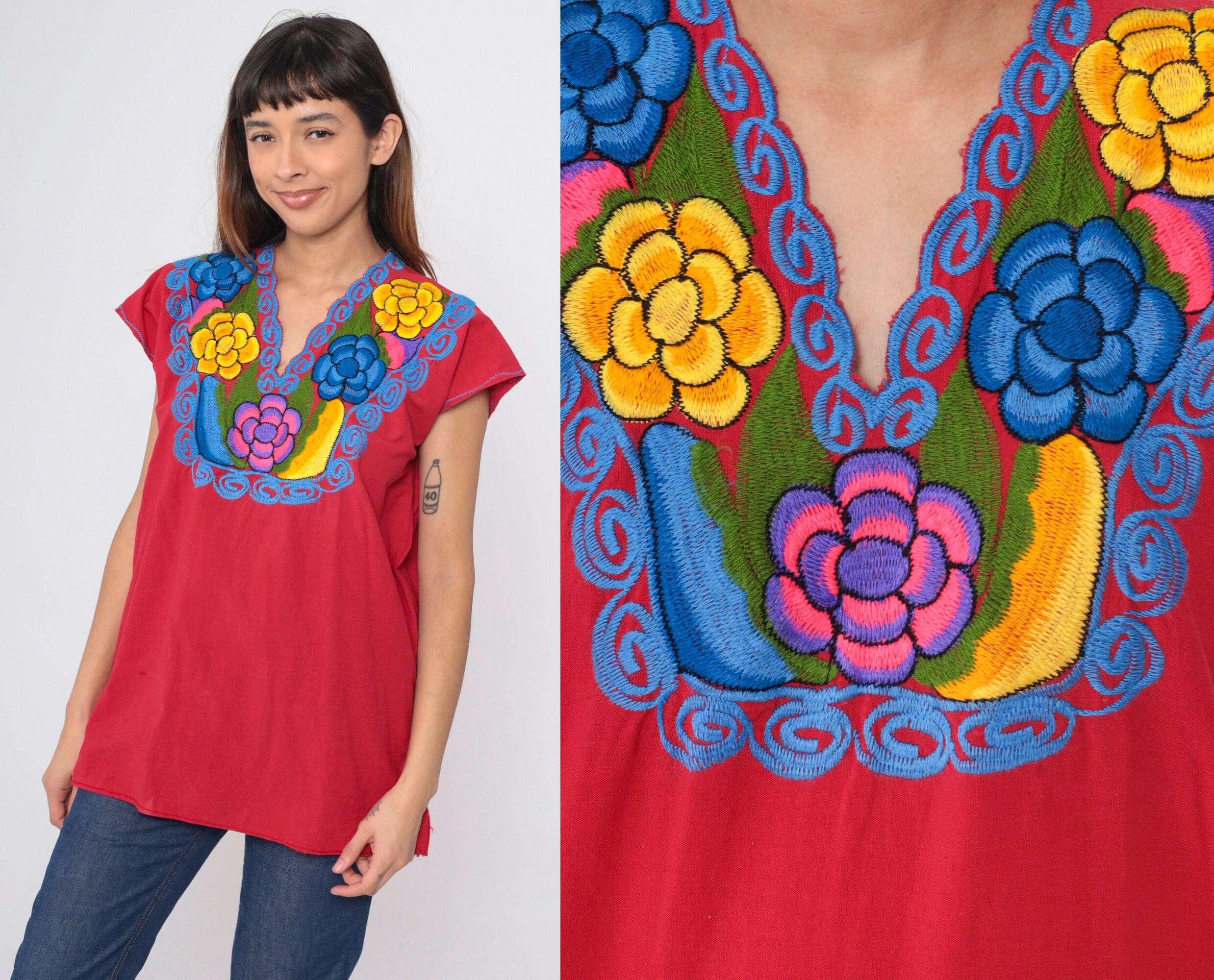トップス Vintage 90s Mexican embroidered blouse Mexican Embroidered Top 90s Yellow Floral Blouse Peasant