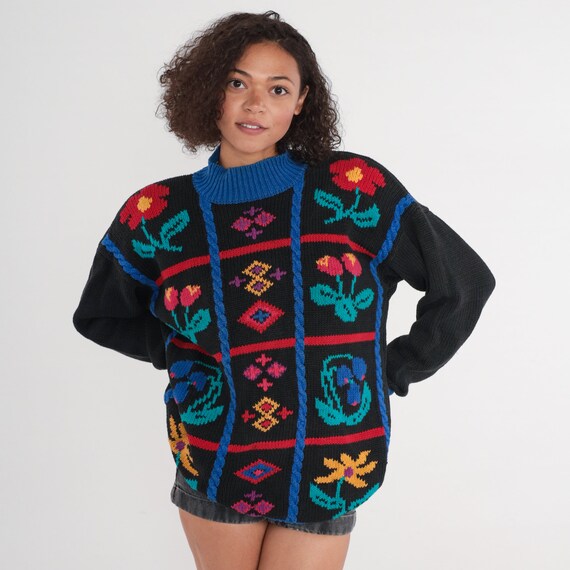 Checkered Floral Sweater 90s Pullover Cable Knit … - image 2
