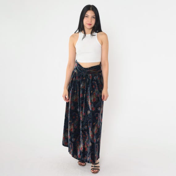 Vintage 90s Floral Paisley Skirt Black Blue Maxi 1990s Fall Boho 1990s Cotton Long Hippie Festival High Waist Cummerbund Small S