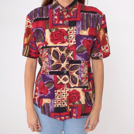 Patchwork Abstract Shirt 90s Button Front Short S… - image 5