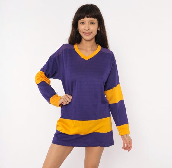 70s Purple Gold Striped Jersey Pullover Colorblock Shirt Violet Yellow Athletic Collegiate Vintage Sporty Sweater Top Long Sleeve Small S