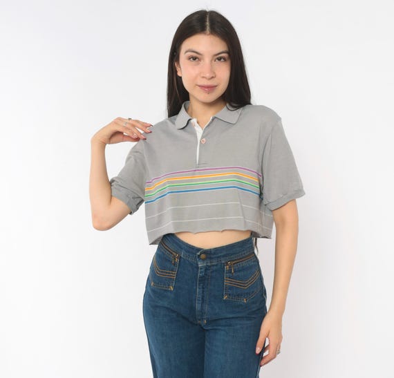 80s Rainbow Stripe Crop Polo Grey Cotton Short Sleeve Tee Colorful Chest Band Ash Cropped Blouse Preppy Collegiate Tennis Top Shirt Medium M