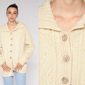 Cable Knit Cardigan 70s 80s Cream Wool Button Up Fisherman Sweater Retro Chunky Bohemian Grandpa Cableknit Pockets Vintage 1980s Large L image 1