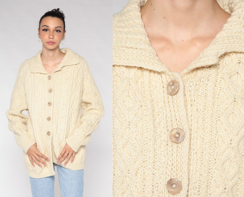Cable Knit Cardigan 70s 80s Cream Wool Button Up Fisherman Sweater Retro Chunky Bohemian Grandpa Cableknit Pockets Vintage 1980s Large L image 1