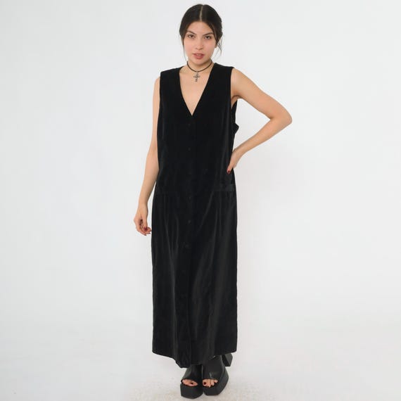 Vintage 90s Black Velvet Maxi Dress Grunge Jumper Sleeveless Button Up Pinafore Maxi V Neck Ankle Length 1990s Gothic Plain Dress Large 12