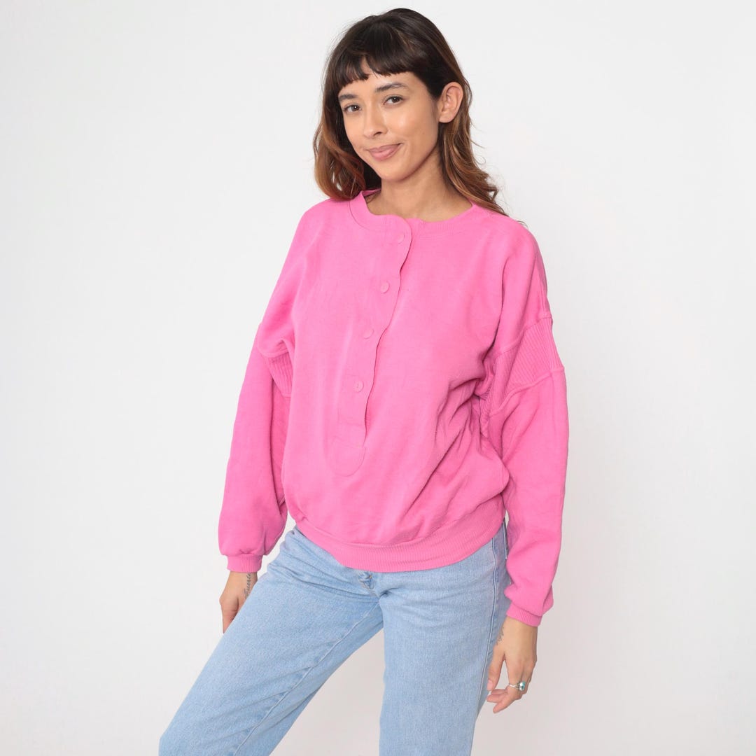 90s Pink Sweatshirt Button Neck Henley Pullover Long Sleeve Ribbed