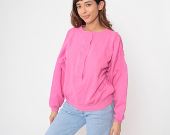 90er Rosa Sweatshirt Button Ausschnitt Henley Pullover Langarm Gerippte Bündchen Vintage 1990er Jahre Retro Casual Oversized Slouchy Medium M