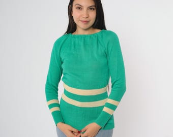 Emerald Green Sweater 80s Cream Stripe Boat Neck Long Sleeve Acrylic Knit Ribbed Vintage Penrose Taiwan Made Small