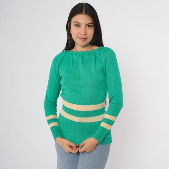 Emerald Green Sweater 80s Cream Stripe Boat Neck Long Sleeve Acrylic Knit Ribbed Vintage Penrose Taiwan Made Small