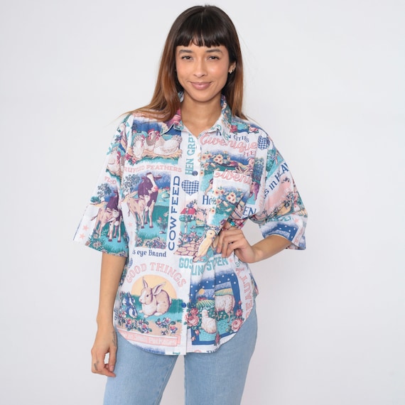 90s Farm Animal Shirt Cow, Duck, Bunny Rabbit, Chicken, Sheep Button Up Blouse Short Sleeve Vintage Country Print 1990s Oversized Medium