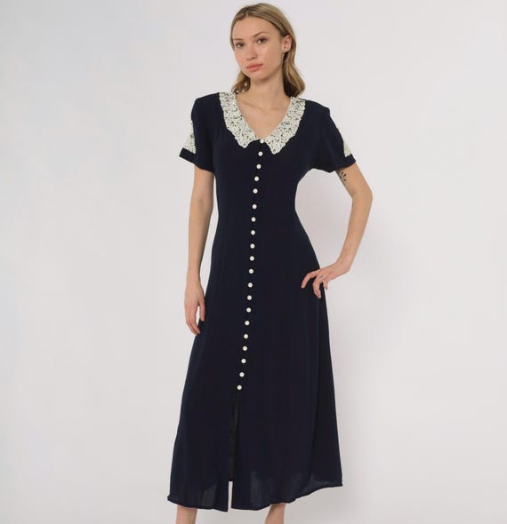 Lace Collar Dress 90s Navy Button Front Maxi Long White Crochet Trim Short Sleeve Victorian Prairie Vintage Tie Back Dark Blue Small S
