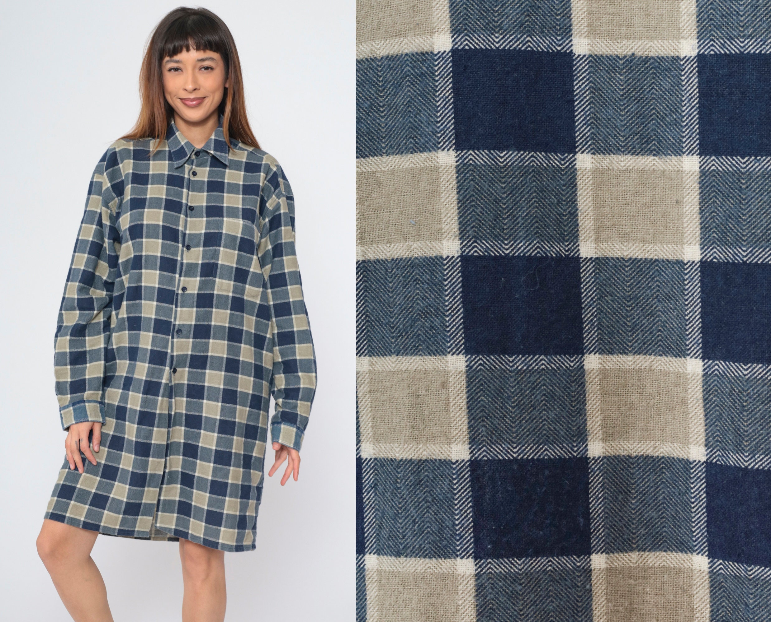 90s Flannel Shirt Dress Blue Plaid Grunge Lumberjack Long