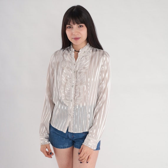 Tuxedo Blouse Y2k Shiny Striped Button Up Ruffle Shirt White Long Sleeve High Neck Ruffled Secretary Blouse Rhinestones Vintage 00s Medium M