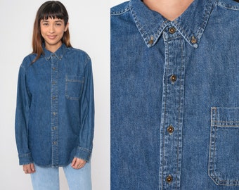 90s Denim Shirt Dark Blue Route 66 Jean Button Up Blue Long Sleeve Shirt Chambray Chest Pocket Cotton Vintage 1990s Oversized Men's Medium