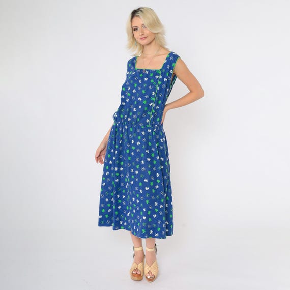 Vintage 70s Butterfly Dress Blue Midi Bohemian Summer Sundress Boho Novelty Print Hippie High Elastic Waist Sleeveless Button Up Retro Large