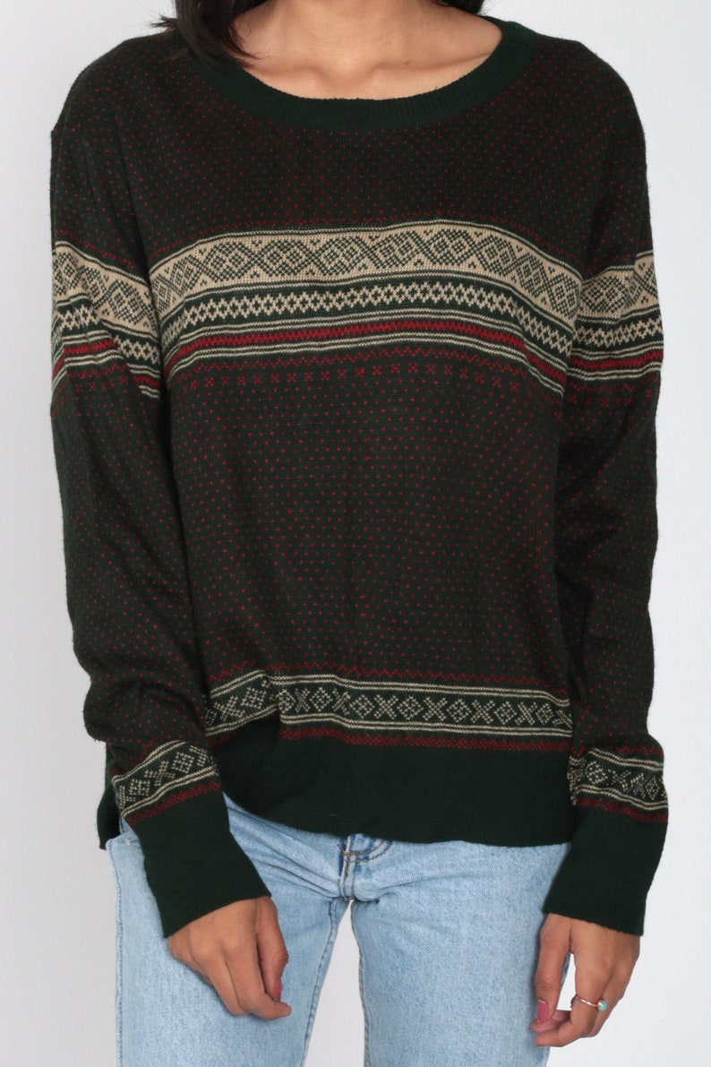 Fair Isle Sweater 80s Dark Green Nordic Sweater Slouchy Sweater Knit Grunge Striped 1980s Retro Boho Pullover Sweater Jumper Men/'s Medium