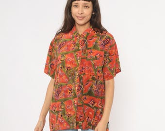 Abstract Floral Silk Shirt 90s Button Front Blouse Orange Olive Green Purple Patchwork Print Short Sleeve Camp Collar Tropical Artsy Medium