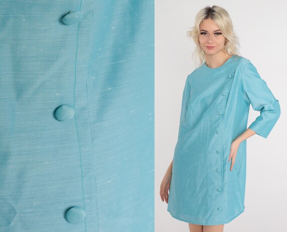 Blue Mod Dress 60s Mini Dress Button Up Dress 70s Shift Dress Long Sleeve Plain 1960s Vintage Space Age Twiggy Mad Men Large L