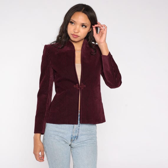 Burgundy Corduroy Blazer 80s Vintage Ribbed Velvet Frog Closure Career Business Office Siren Corpo Jacket Formal Attire Small