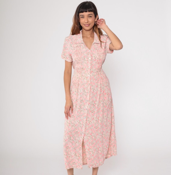 90s Floral Pink Dress Coral White Shirtdress Collared Short Sleeve Cottagecore Prairie Fairycore Vintage Romantic Summer Modest Medium M