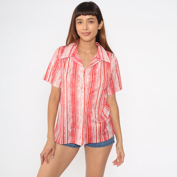 70s Striped Blouse Coral Red Orange Button Up Top Retro Preppy Seventies Shirt Short Sleeve Collared Seventies Vintage 1970s White Large L