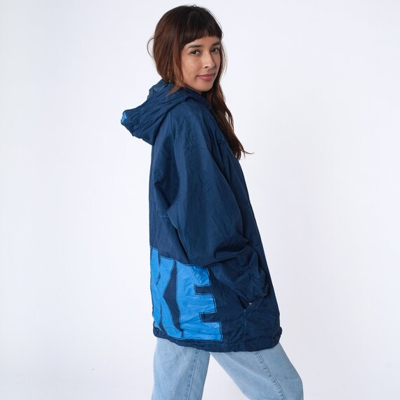 Navy Blue Nike Jacket y2k Hooded Windbreaker Zip Up Nylon Shell Swoosh Logo Retro Streetwear Sportswear Warmup Hood Vintage 00s Medium M