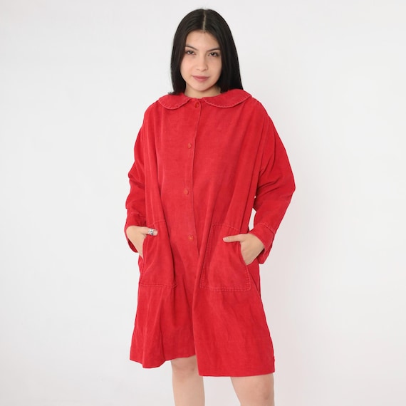 Vintage Red Corduroy Dress 60s Mod Peter Pan Collar Mini Button Up Front Oversized Pocket Smock 1960s Lounge Fall Shift Medium M