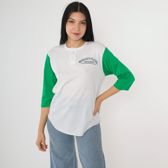Vintage 80s Baseball T-Shirt Fanny Ann's Saloon Henley Tshirt Old Sacramento Green White Color Block Long 3/4 Sleeve Button Up 1980s Small