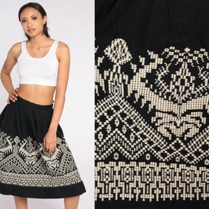 Embroidered Folk Skirt 60s Black Pleated Midi Skirt High Waisted White Geometric Retro Preppy Boho Hippie Vintage 1960s Wool Small Medium