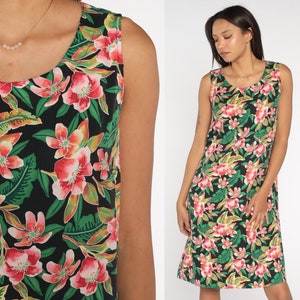 Silk Hawaiian Dress Sun 90s Midi Black Floral Tropical Dress Sundress Vintage Sleeveless Shift 1990s Surfer Beach Summer Dress Large 12