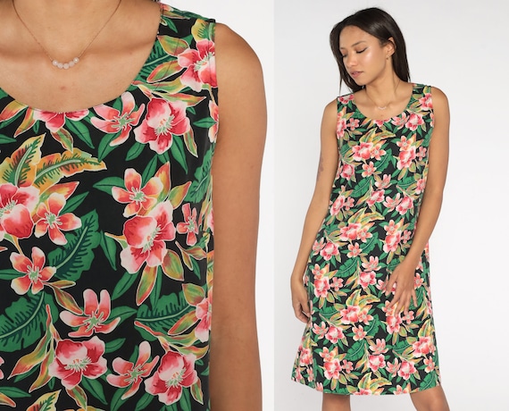 Silk Hawaiian Dress Sun 90s Midi Black Floral Tropical Dress Sundress Vintage Sleeveless Shift 1990s Surfer Beach Summer Dress Large 12