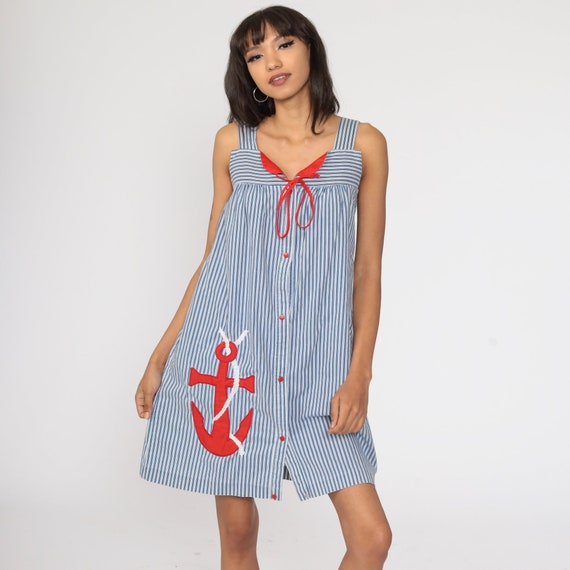70s Nautical Dress Anchor Sundress Mini Boho Sun … - image 2