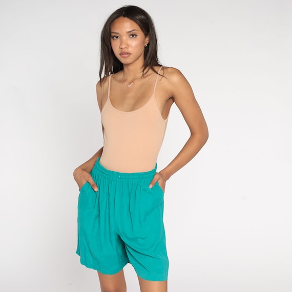 Green Silk Shorts 90s Baggy Shorts Pockets Flowy High Elastic Waist Retro Casual Shorts Vintage Plain Basic Lounge Shorts 1990s Medium M