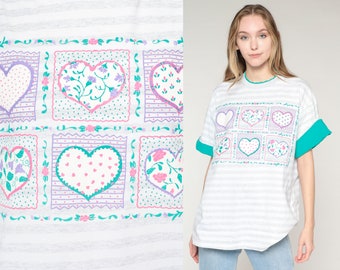 Heart T-Shirt 90s Striped T Shirt Patchwork Heart Graphic Tee Green Cuffed Sleeves Cute Girly Grandma TShirt White Grey Vintage 1990s xl