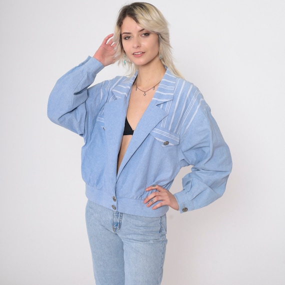 90s Chambray Blazer Jacket Blue Striped Blazer 1990s Low V Neck Button Up Deep V Jacket Vintage Preppy Lightweight Oversize Large